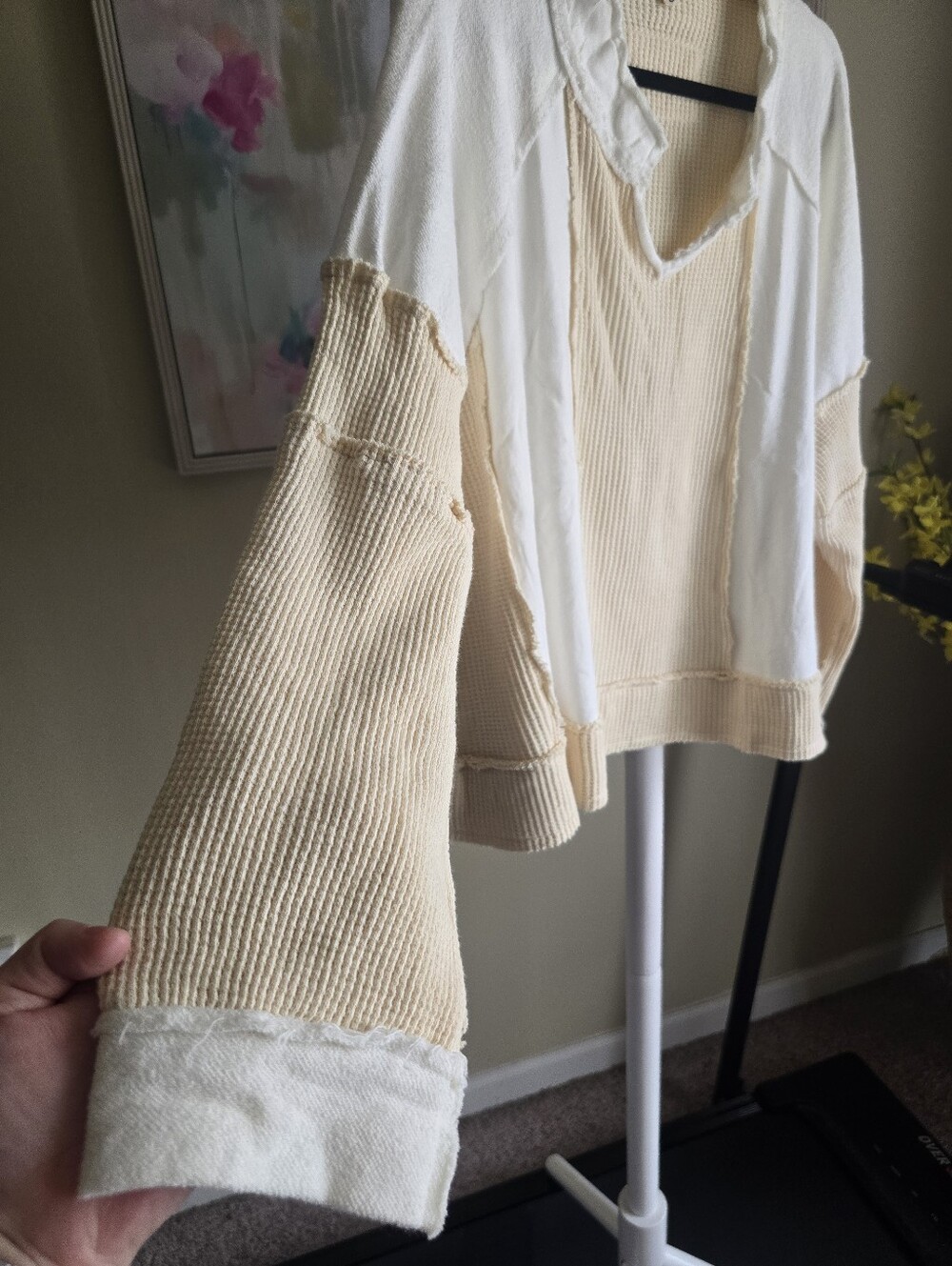 POL Oversized Patchwork Waffle Knit Raw Seam Top Small NWOT - Picture 5 of 7